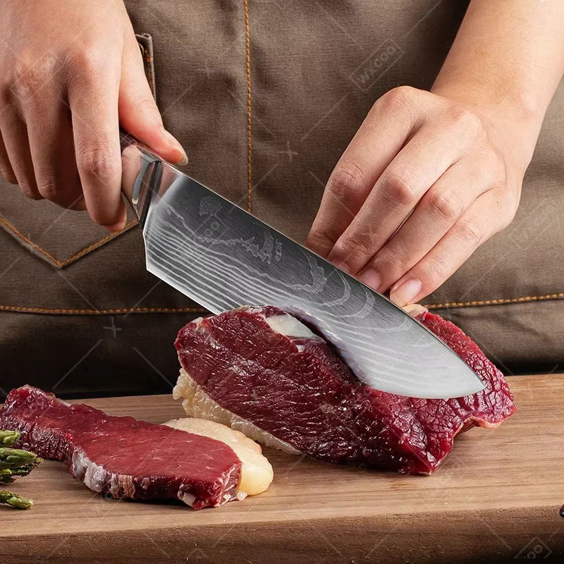 WXCOO Santoku-Kochmesser mit japanischem Damast-Muster und Holzgriff - Bild 4