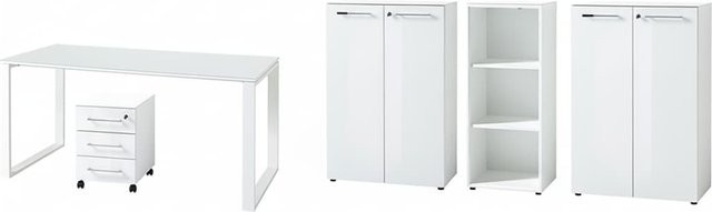 Büro-Set MUENCHEN 5-teilig in Weiß mit Glasfront und abschließbaren Elementen bestehend aus Schreibtisch, Container, 2 Schränken und Regal - Bild 1