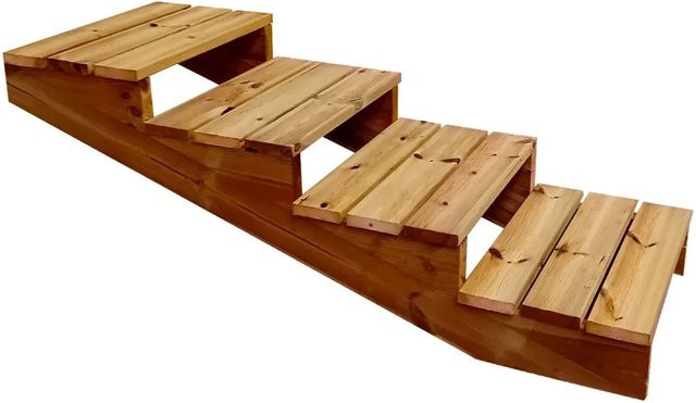 Vinuovo Außentreppe aus Holz in Braun mit 4 Stufen und extra tiefer Trittfläche aus Holz und Edelstahl - Bild 1