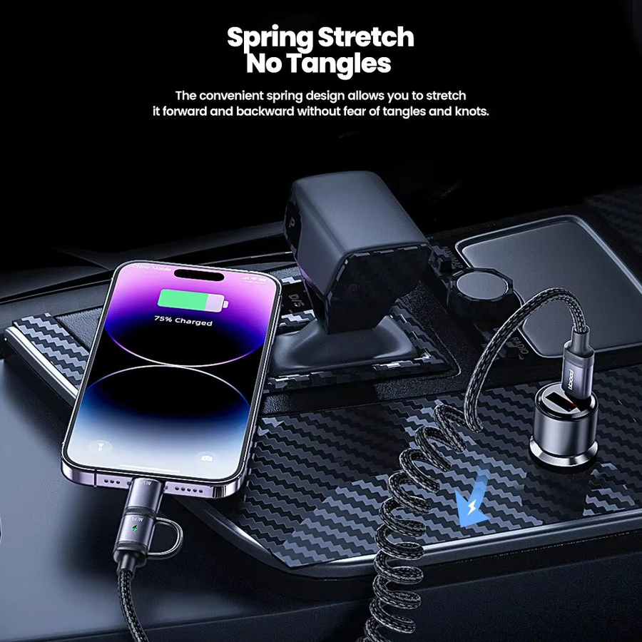 Toocki 2 in 1 USB-C Schnellladekabel mit 60W PD und 2,4A für iPhone 15 Pro, Samsung S23 und Xiaomi, Federkabel für Auto, Schwarz/Grau - Bild 4
