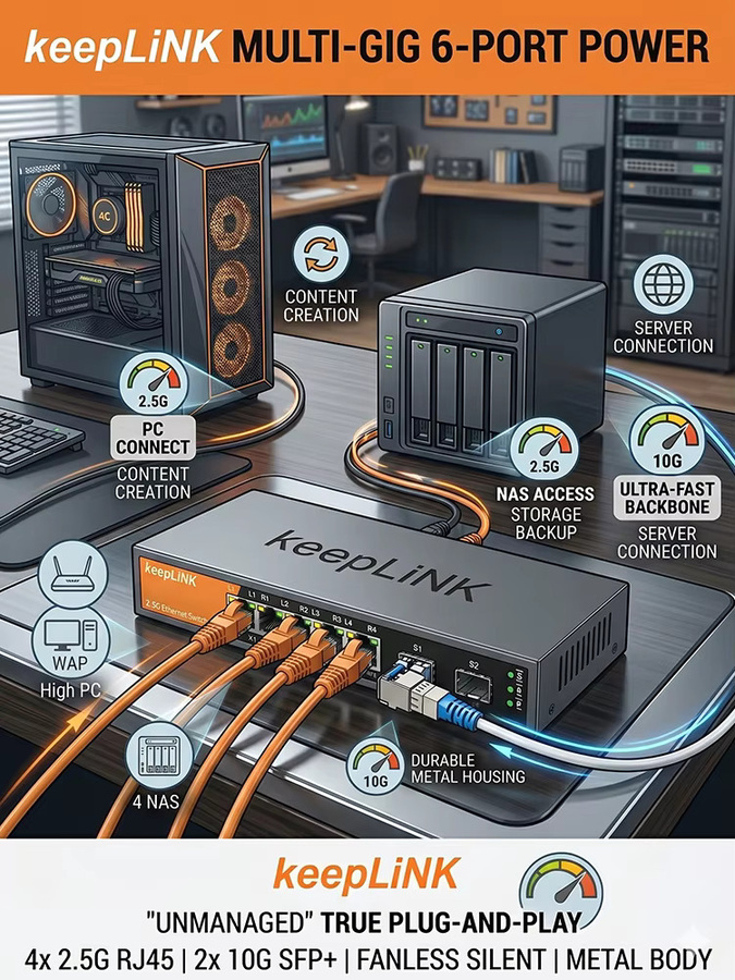 keepLiNK 6-Port Multi-Gig Unmanaged Switch mit 4x 1/2.5GbE RJ45 und 2x 10Gb SFP+ Uplink im Metallgehäuse - Bild 4