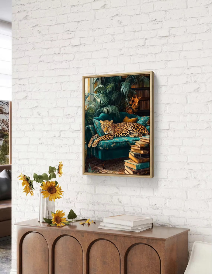 Potdemiel Wandkunst Schläfriger Leopard in Smaragdgrün – Boho Dschungel Wandbild mit Tiermotiv und Naturmotiven - Bild 2