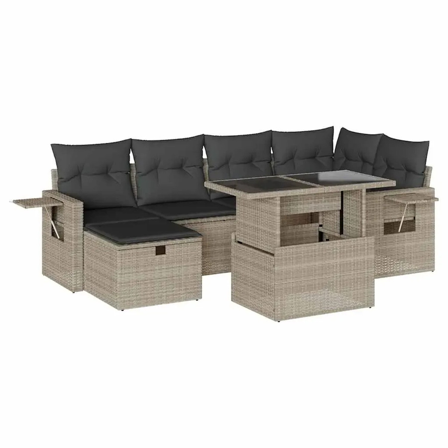 vidaXL 7-tlg. Garten-Sofagarnitur aus Poly-Rattan in Hellgrau mit Kissen und Couchtisch - Bild 2