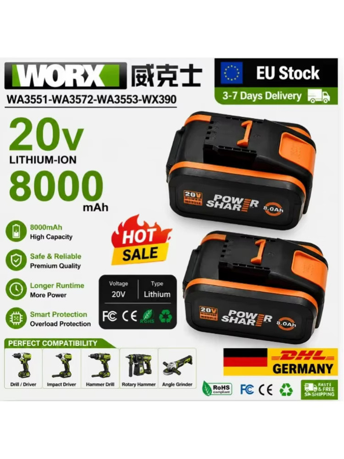 Worx Akku 8 Ah und 4 Ah für 20 V Geräte in Schwarz - Bild 5