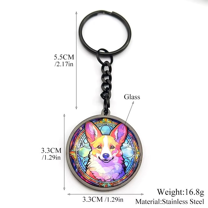JYTF Schlüsselanhänger Corgi Hund Glas Runde Medaille, Edelstahl, Unisex - Bild 3