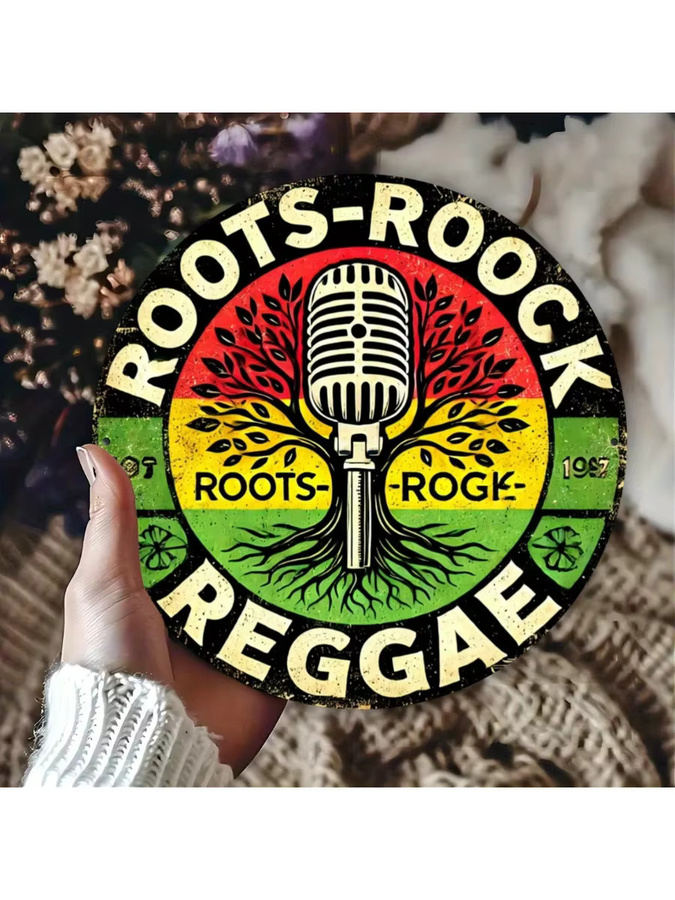 Roots Rock Rundes Metallschild Teevotshirts mit Foliengravur im Retro-Musik-Design, Mehrfarbig, Durchmesser: 20 cm - Bild 6