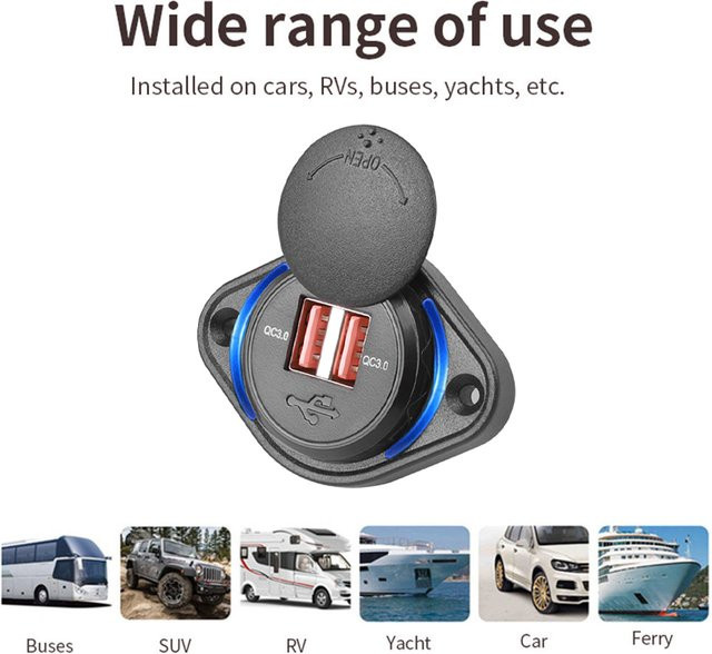 kebidumei Dual-Ports Autoladegerät mit USB-A und Steckdose in Schwarz für Auto, Motorrad, LKW, ATV, Wohnmobil und Boot (12–24 V) - Bild 1