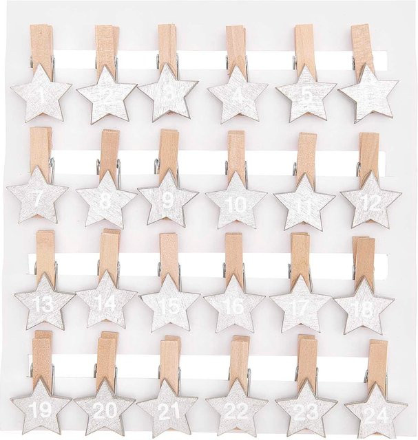 Rico Design Adventskalender Holzclips Sterne in Silber, Größe: 3,5 cm - Bild 1