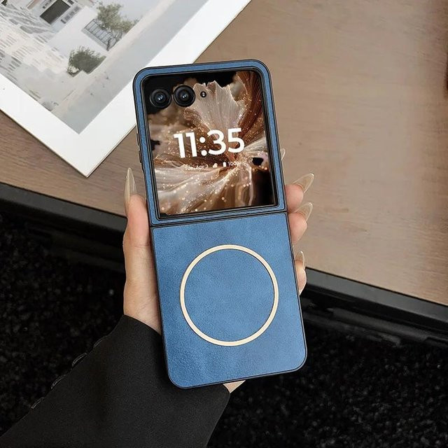 Retro Faltschirm Ledertasche für Motorola Razr 50 60 Ultra in Blau mit magnetischer Saugung und kabellosem Laden - Bild 1