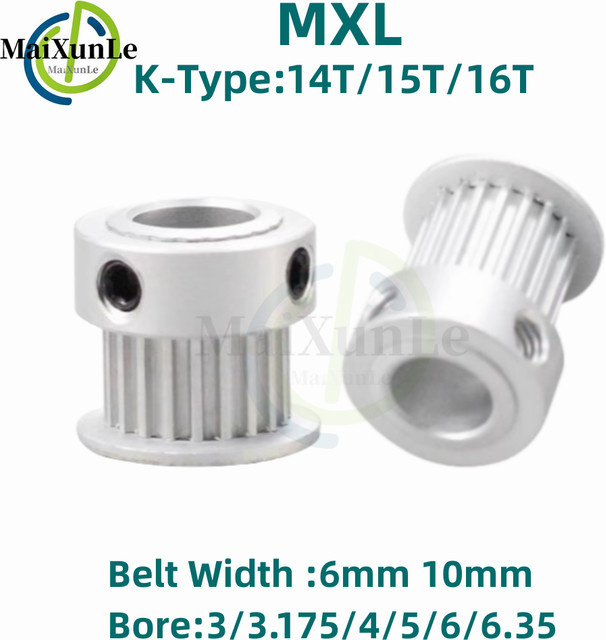 MXL K-Typ Zahnriemenscheibe in Silber für Synchronriemen mit Bandbreite 6/10 mm, erhältlich in 14T/15T/16T mit Bohrungen von 3 mm, 3,175 mm, 4 mm, 5 mm oder 6 mm - Bild 1