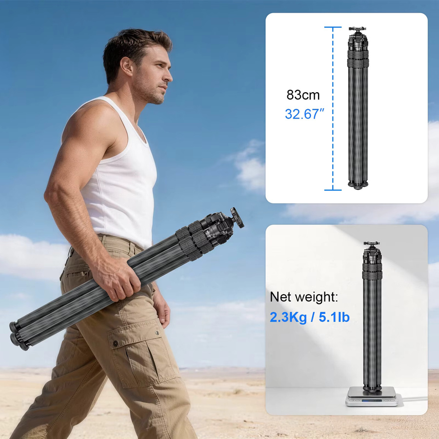 WEYLLAN HN403 Carbonfaser-Stativ mit 52mm Hebelkugelkopf in Schwarz, Traglast 30kg, 70,49 Zoll - Bild 6