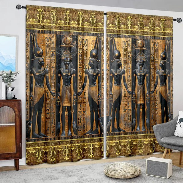 2er-Set Vorhang mit Ägypten-Motiv von Household supplies MH, Gold, B: 75 cm, H: 165 cm - Bild 1