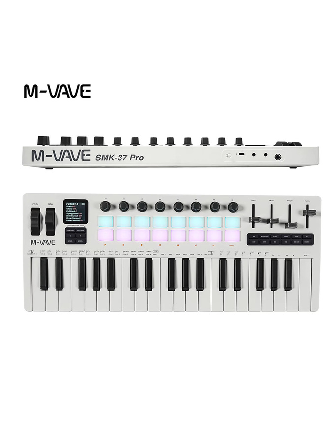 M-VAVE SMK-37 Pro/Elite Tragbarer MIDI-Controller in Weiß mit 37 Gewichteten Tasten, 16 RGB-Pads, 8 Drehreglern und Integriertem Synthesizer-Engine - Bild 1