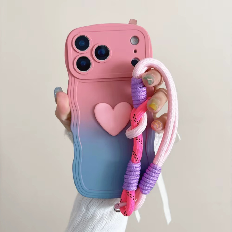 Handgelenkschlaufen-Schutzhülle für Apple iPhone mit Gradient-Farbwellen-Design und Herz-Lanyard aus weichem TPU in Multicolour (Pink und Blau) - Bild 1
