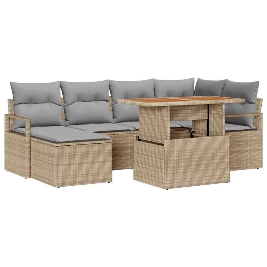 vidaXL Garten Essgruppe 7-teilig aus Poly-Rattan, Stahl und Akazienholz in Beige und Grau - Bild 2