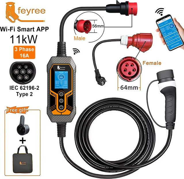 Feyree Tragbares EV-Ladegerät Typ2 11kW 16A 3-Phasen mit Wi-Fi und Bluetooth, 5m Ladekabel mit CEE-Stecker, Schwarz - Bild 1