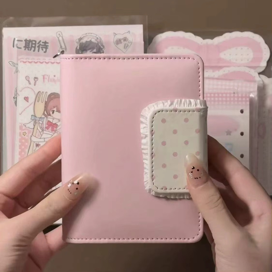 Retro Notizbuch mit Polka Dots und Spitzen-Design in Pink, M5 Loseblatt-Tagebuch aus Kunstleder für Studenten - Bild 1