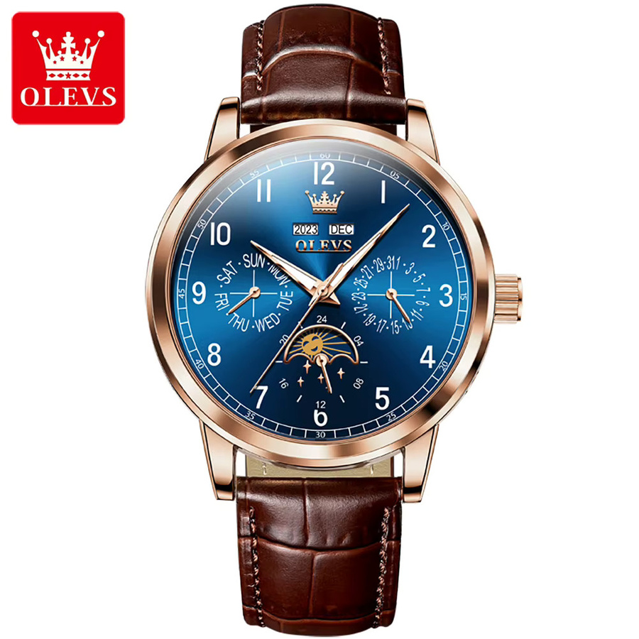 OLEVS Armbanduhr, Automatik, Mondphase, Leder, Blau, Herren - Bild 6