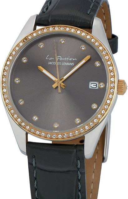 Jacques Lemans Damenuhr, Quarz, Edelstahl, 35 mm, Leder, Grau, 10 ATM - Bild 1