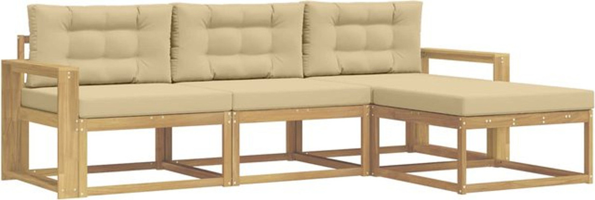 vidaXL Outdoor-Sofagarnitur aus Akazie mit Kissen in Weiß und Beige, 4-teiliges Loungemöbel-Set aus Polyester - Bild 1