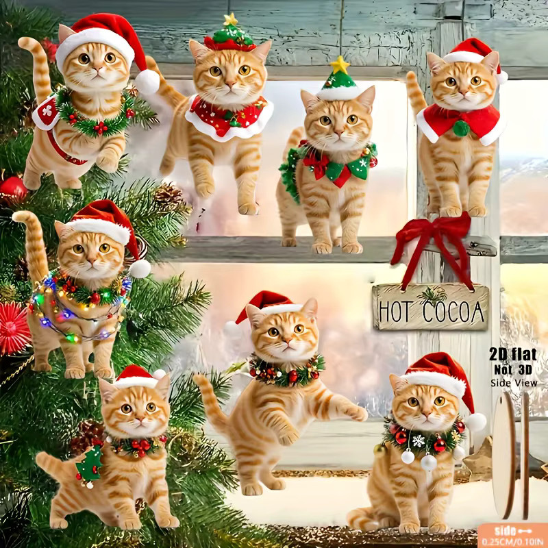 8 Stück DUTRIEUX Weihnachts-Holzornamente in Form von orangefarbenen Katzen, 2D flach im klassischen Stil - Bild 7