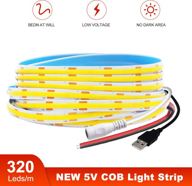 GAHADA COB LED-Streifen USB 5V Warmweiß mit 120 LEDs, flexibles LED-Band 8mm Breite zur Schrank- und TV-Hintergrundbeleuchtung - Bild 1