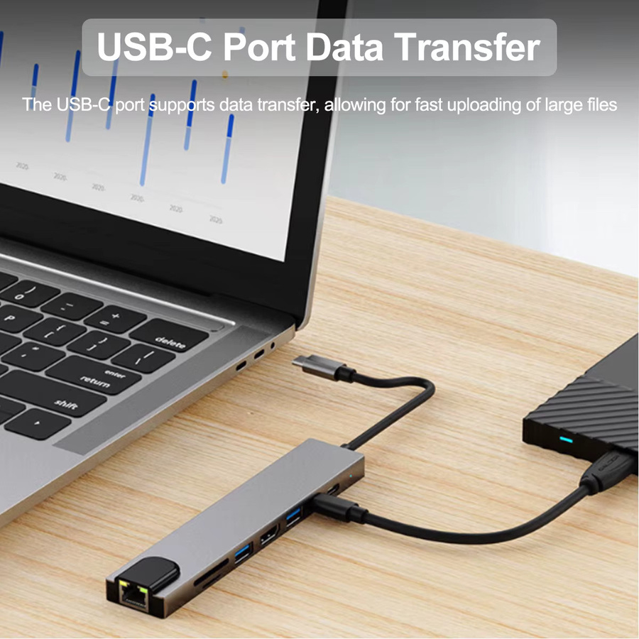 Congdi 8-in-1 USB-C-Hub mit 4K HDTV HDMI, RJ45 Ethernet LAN, SD/TF-Kartenleser und PD Schnellladung in Multicolor für MacBook und Laptop - Bild 4