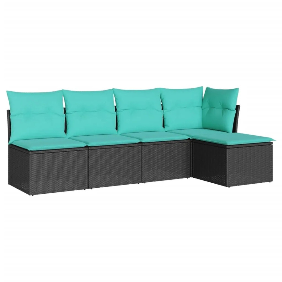 vidaXL 5-teilige Garten-Sofagarnitur in L-Form aus Poly-Rattan mit blauen Kissen und pulverbeschichtetem Stahlrahmen in Schwarz - Bild 2
