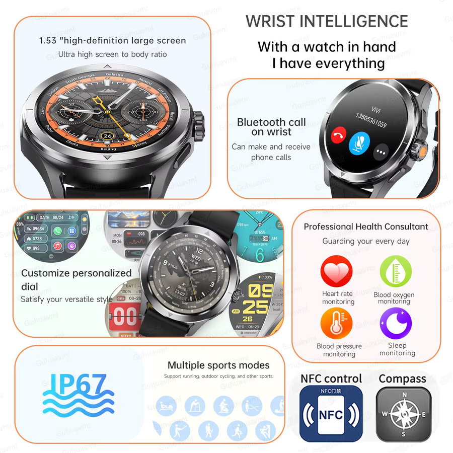 MAVHX Smartwatch, Herren, Schwarz, GPS, NFC, 44 mm, Silikon - Bild 2