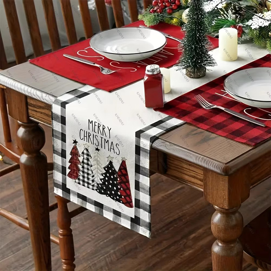 Waterclor Tischläufer Buffalo Plaid Weihnachtsbäume in Schwarz, Dekorativer Stoffläufer aus Leinen für Weihnachten und Partys, B/T/H: 150 x 45 x 30 cm - Bild 2