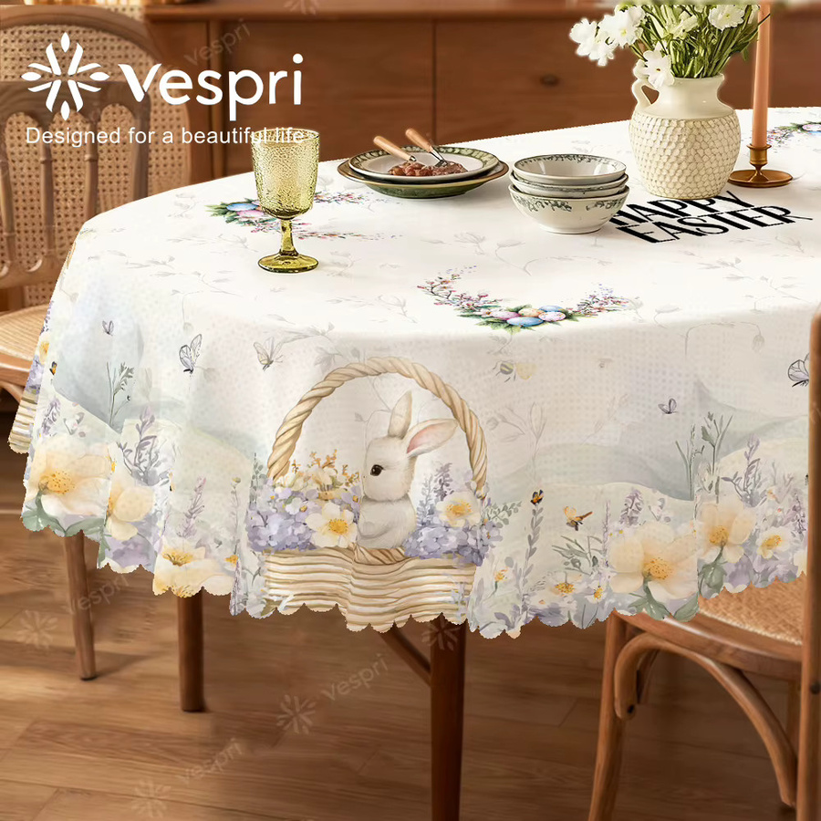 Vespri Oster-Tischdecke mit Blumen, Hasen und Schmetterlingen in Weiß und Hellgrün aus Polyester - Bild 2