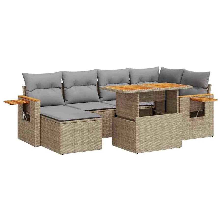 vidaXL 7-teilige Garten-Sofagarnitur in L-Form aus Poly-Rattan und Akazienholz mit Kissen in Beige-Grau - Bild 2
