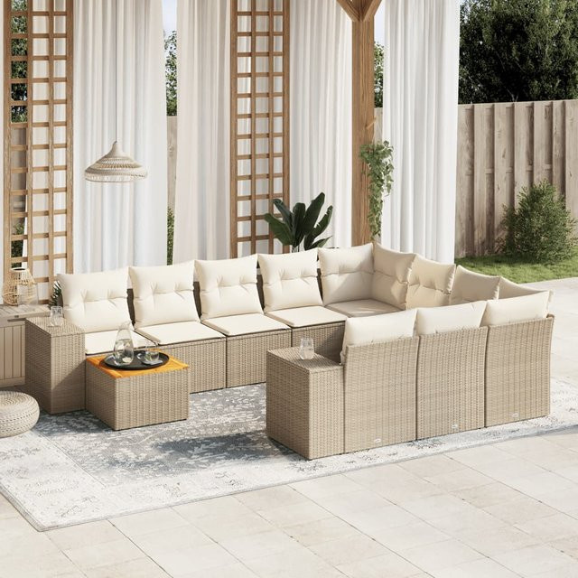 vidaXL 11-tlg. Garten-Sofagarnitur aus Polyrattan in L-Form mit Kissen, Beige - Bild 2