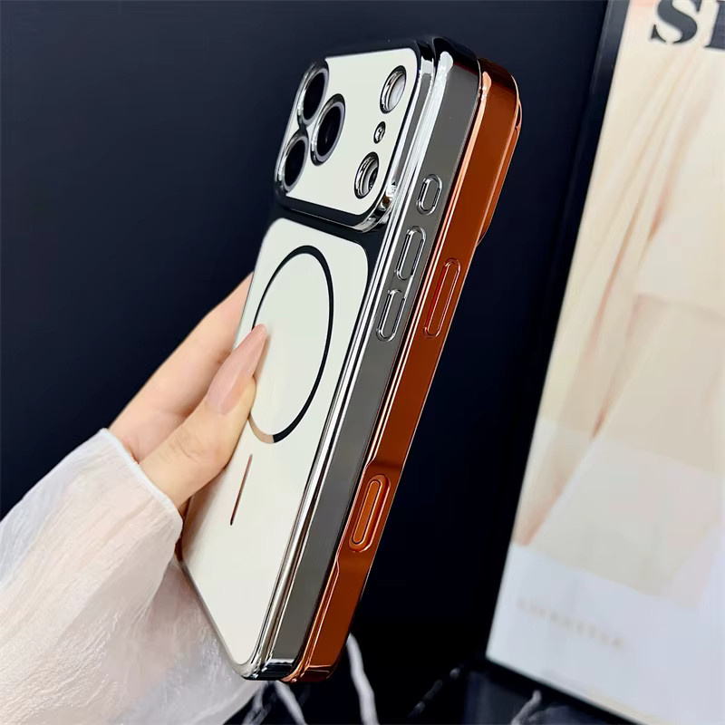SUNWARD Luxuriöse Galvanisierte Schutzhülle mit MagSafe Magnetischer Drahtloser Ladefunktion für iPhone, Stoßfeste Abdeckung in Gold und Orange - Bild 3