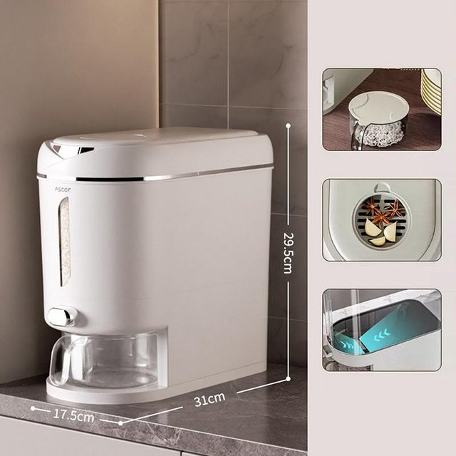 Automatischer Reisspender in Grau mit 5 kg Kapazität, feuchtigkeitsdichter und insektensicherer Getreideorganisator für Tierfutter, Müsli und Reis - Bild 1