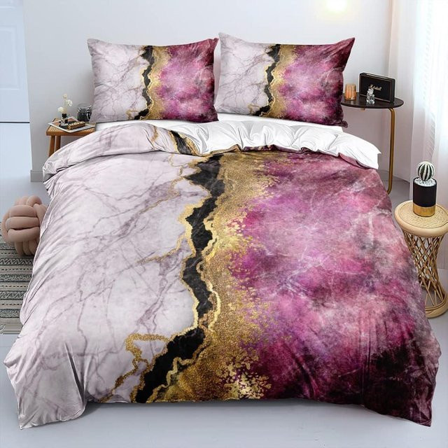Lodestar Bettwäschegarnitur mit 3D-Marmor-Print in Gold und Pink, bestehend aus Bettbezug und Kissenbezug aus Mikrofaser, Breite: 135 cm, Länge: 200 cm - Bild 1