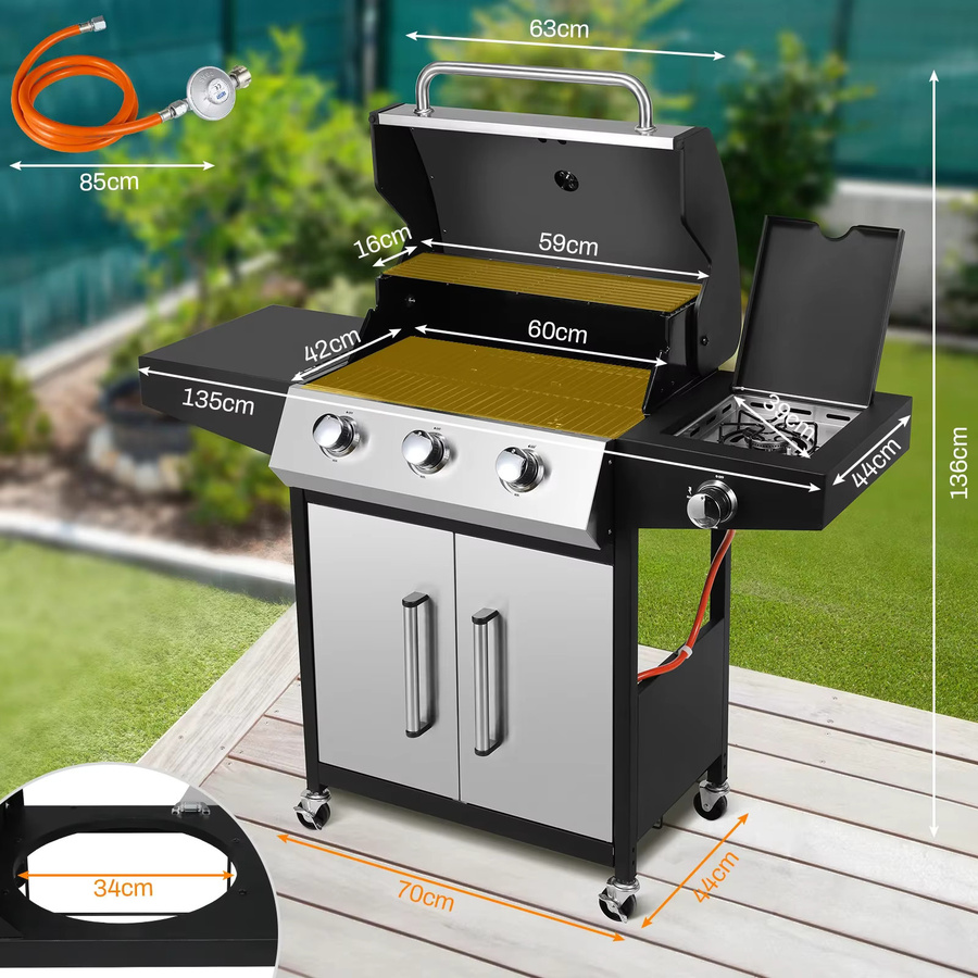 Homfa Propangasgrill mit 3+1 Brennern aus Edelstahl in Silber und Schwarz mit Beistelltisch und Seitenbrenner - Bild 2
