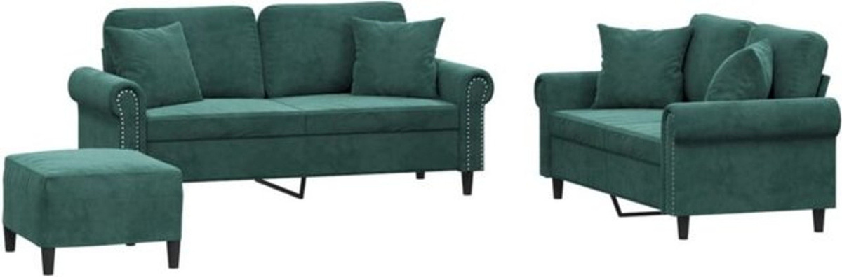 3-tlg. Sofagarnitur Vidaxl in Dunkelgrün aus Samt mit Kissen und Metallgestell im modernen Design - Bild 1