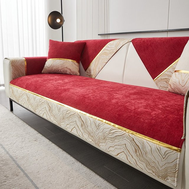 Noblelightrain Rutschfester Sofabezug aus rotem Chenille mit Goldrand für L-förmige Sofas - Bild 1