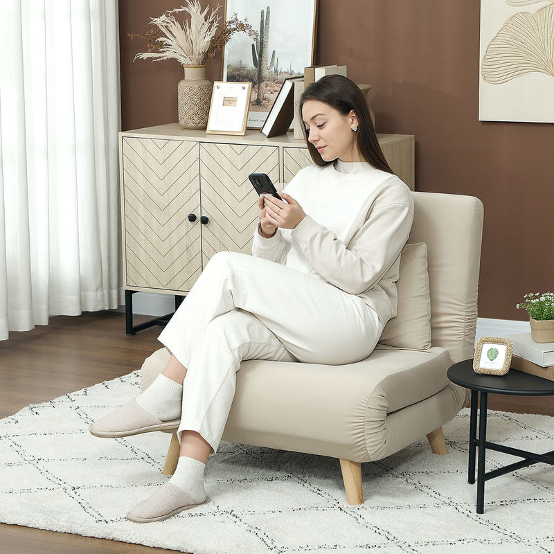 HOMCOM Schlafsessel mit Bettfunktion und Zierkissen in Beige aus Samtoptik mit Stahlrahmen - Bild 2