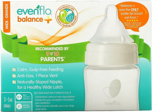 Evenflo Feeding Balance+ Babyflaschen mit breitem Flaschenhals, 3er Set, Farbe: Grün/Transparent, 150 ml pro Flasche, ab 0 Monaten, langsame Fließgeschwindigkeit - Bild 1