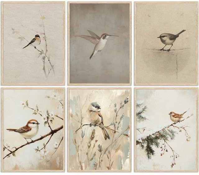 Potdemiel Wandkunst Leinwandgemälde mit Kolibri und Spatz im Retro-Stil, mehrfarbig - Bild 1
