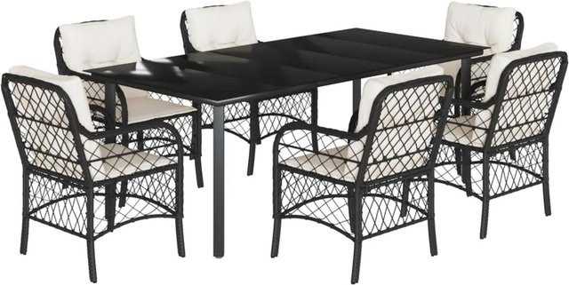 vidaXL 7-teilige Garten-Essgruppe aus Poly Rattan in Schwarz mit cremeweißen Kissen und Glastisch - Bild 1