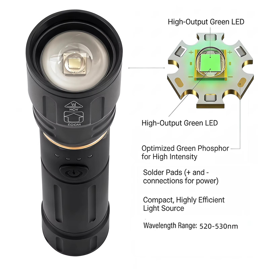 Alonefire Zoom-Taschenlampe mit grünem LED-Licht, USB-wiederaufladbare Aluminium-Taschenlampe in Schwarz für Camping, Outdoor, Wandern, Jagd und Angeln - Bild 5