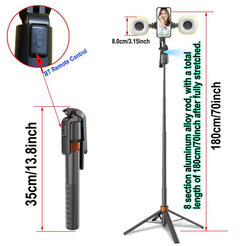 SJBOB 360 Grad drehbarer Selfie-Stick Stativ mit Smart Face Tracking und 2 LED-Leuchten in Schwarz - Bild 3