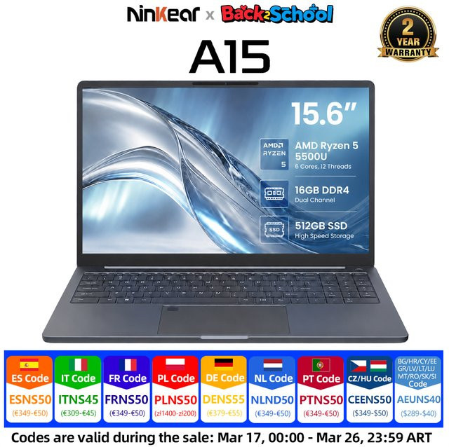 Ninkear A15 Pro Laptop mit 15,6 Zoll FHD IPS Display, AMD Ryzen 5 5500U, 16GB RAM, 512GB SSD, Windows 11, Grau - Bild 1
