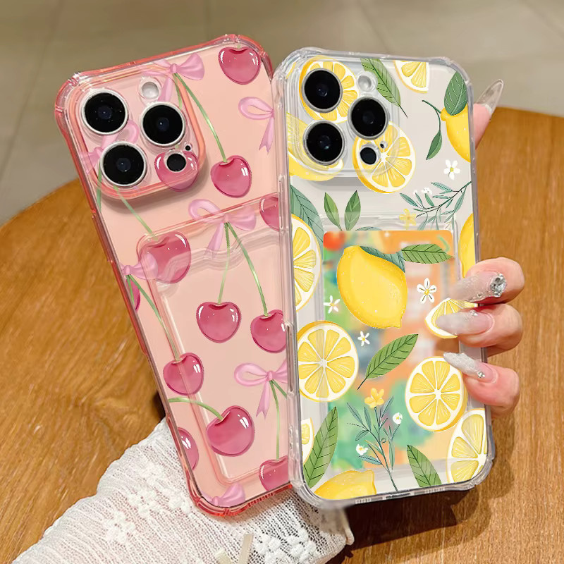 YISHANGOU Handyhülle mit Kirschdruck und Kartenfach in Zitronenrosa und Transparent für iPhone 17e 17 16 Pro Max 15 14 13 Pro Max 16e aus weichem Silikon - Bild 1
