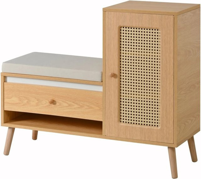 PXloue Schuhschrank Garderobenbank mit Rattan und Sitzpolster in Beige - Bild 1