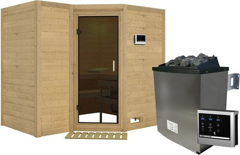 Karibu Sauna Riga 2 in Beige mit 9 kW Saunaofen und externer Steuerung für 4 Personen, Fichte - Bild 1