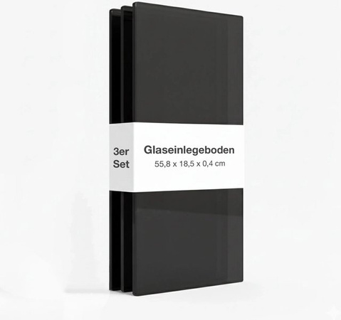 K-Möbel Glasboden-Erweiterungsset für Hängevitrine aus ESG-Glas in Schwarz, 3er Set, B: 55,8 cm, T: 18,6 cm, inkl. Bodenträger